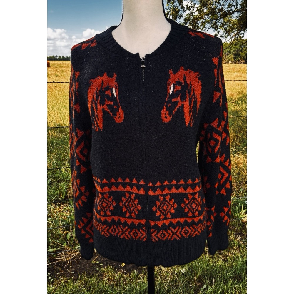 L&B Lucky & Blessed Western Horse Sweater Womens Sz Small Boutique Black Orange